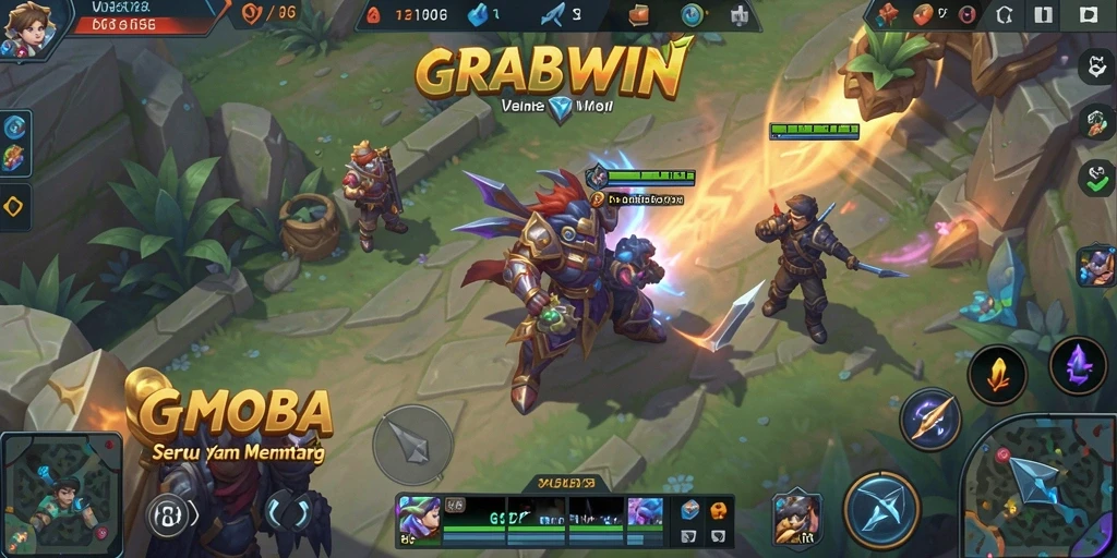 Tangkapan layar gameplay GRABWIN yang menunjukkan pertarungan tim yang intens.