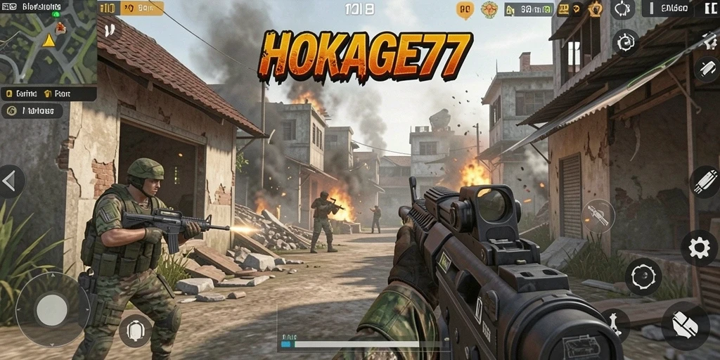 Tampilan gameplay seru dalam HOKAGE77 dengan aksi tembak-menembak yang intens.
