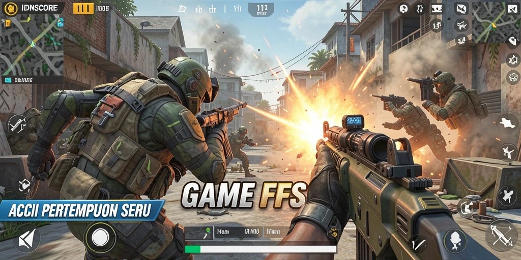 Screenshot IDNSCORE menampilkan aksi tembak-menembak yang seru.