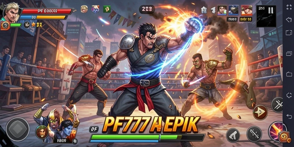 Tampilan aksi seru dalam gameplay Fighting PF777 dengan berbagai karakter.