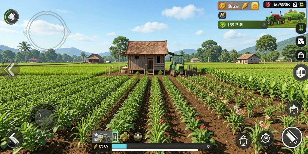 Tampilan gameplay S9S9 menampilkan ladang hijau yang subur dan hewan ternak.